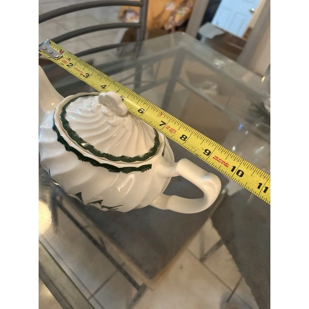 VTG Ceramic Teapot Swirl Body Green Floral Dogwood Flower Transferware 9.5